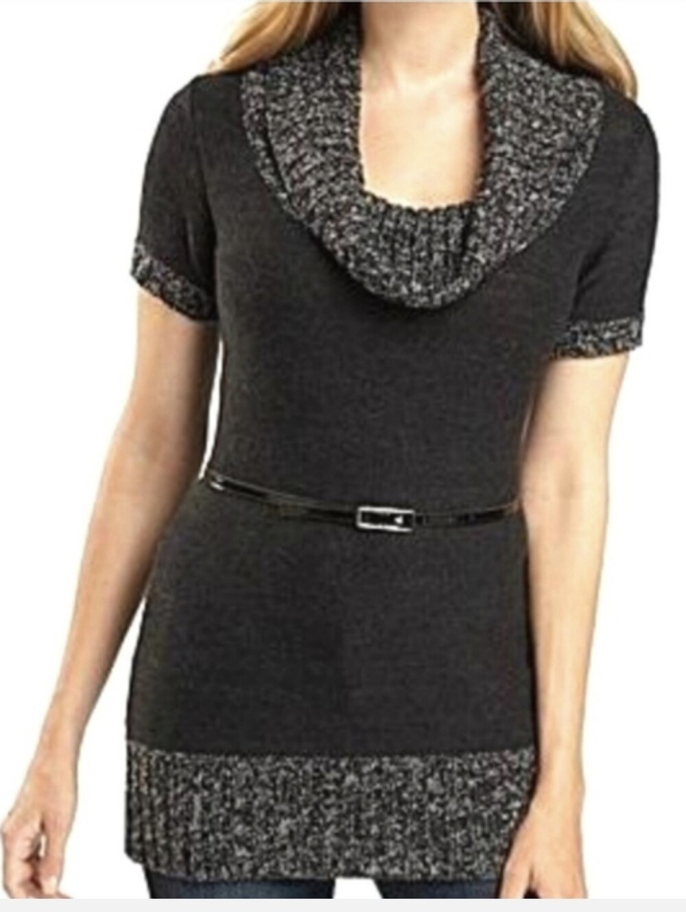 Short-Sleeve Cowl Neck Medium Sweater Black and Grey